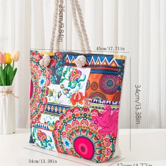 Boho Geometric Tile Print Ethnic Large Canvas Shoulder Bag Tote - Picture 2 of 10